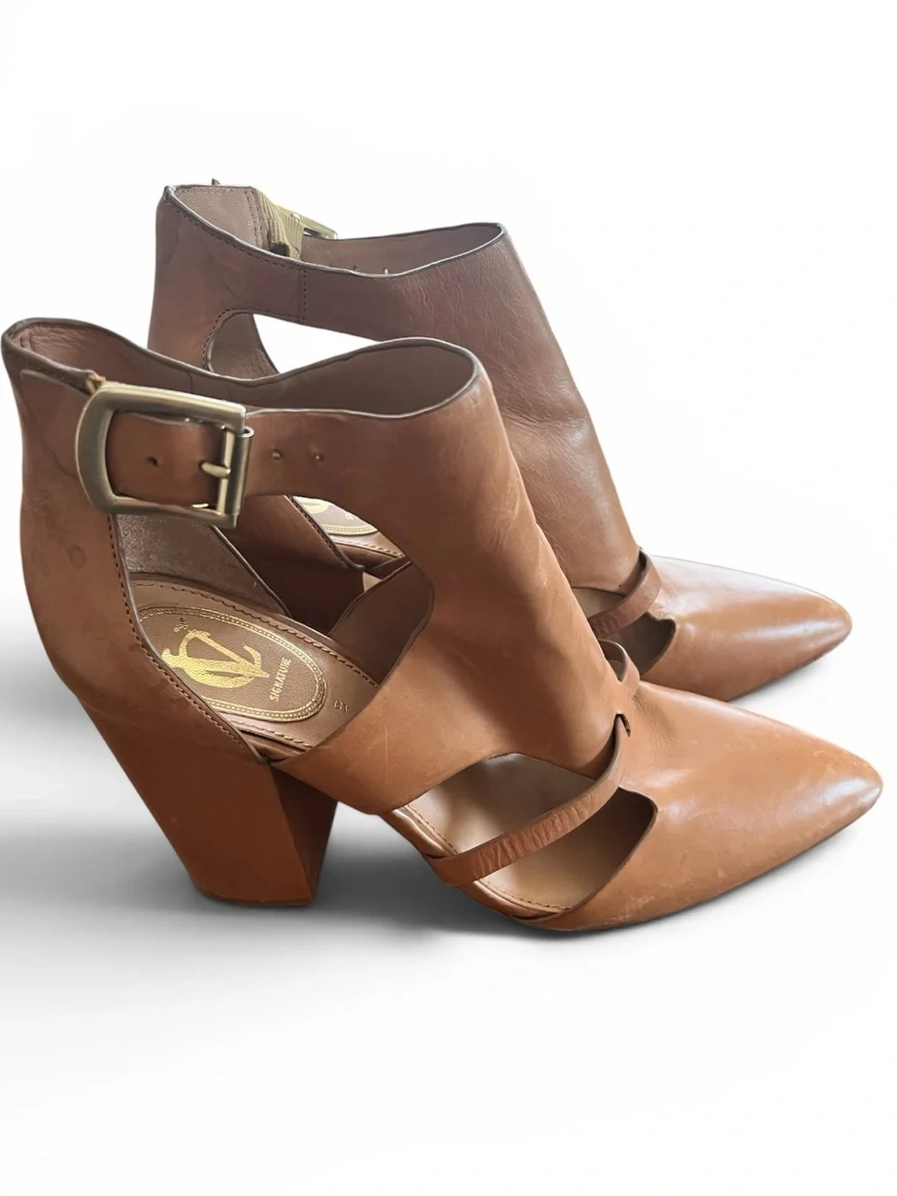 Vince Camuto Cognac Leather Pointed Toe Cutout Block Heel Pumps Sz 10